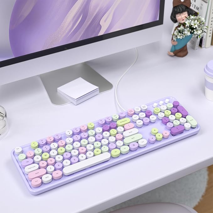 MOFII Colorful Computer Keyboard Wired, Cute Full Size Keyboard Typewriter Style, USB Keyboard with Foldable Stands for Windows, Laptop, Desktop, PC (Purple Colorful)