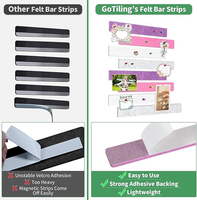 Cork Board for Walls - 8 Pack Felt Pin Board Bar Strips - Self-Adhesive Lightweight Bulletin Board - Cork Board for Office with 40 Push Pins No Damage for Wall