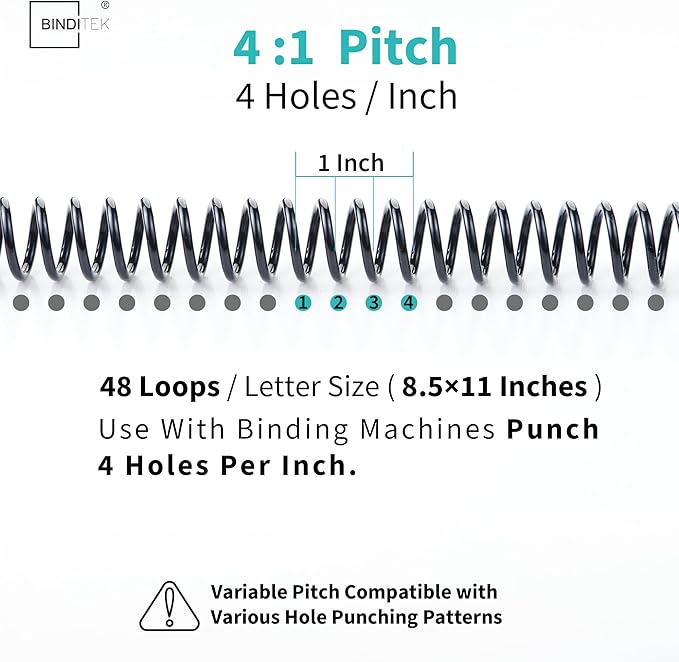 Binditek 200 Pack Plastic Spiral Binding Coils,8 Different Sizes (1/4",5/16",3/8",1/2",9/16",5/8",3/4",1"), 4:1 Pitch, Black, for Letter Size