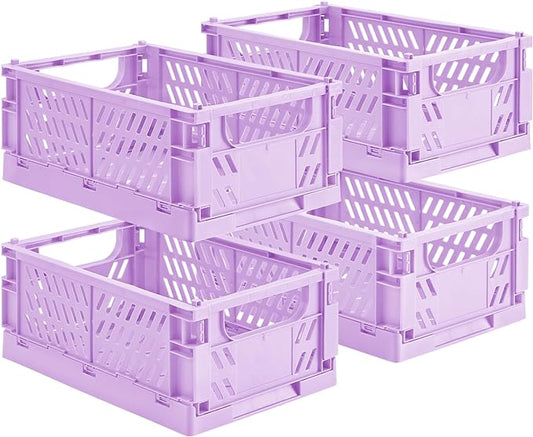 4-Pack Small Pastel Plastic Storage Baskets, Collapsible Crates for Organizing, Space-Saving Mini Bins for Classroom, Kitchen, Office, Bedroom (Purple, 9.8" x 6.5" x 3.8")