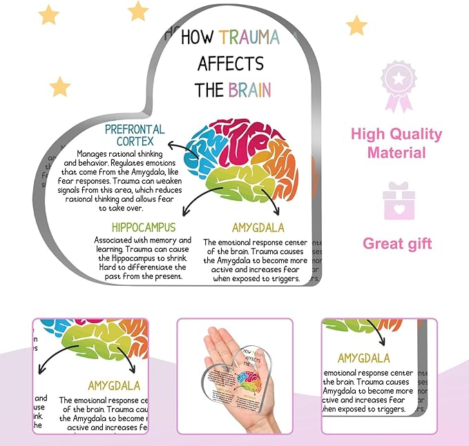 Mental Health Desk Decor, Positive Affirmations How Trauma Affects the Brain Acrylic Heart Gifts Decorations for Social Worker Therapy School Counseling Office Desktop Art Decoration