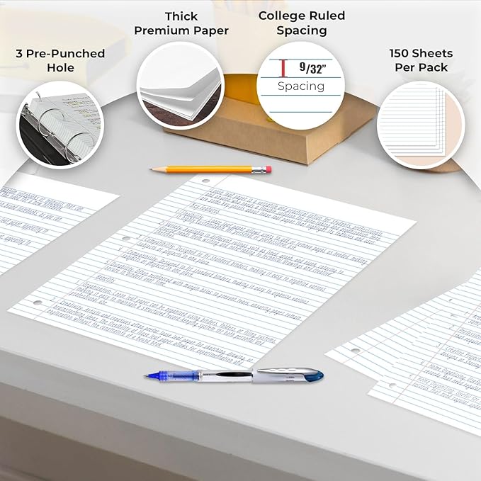 Bulk Loose Leaf Paper, 3600 Sheets, College Ruled Paper, Bulk Filler Paper for Office, 8 x 10.5", 3 Hole Punched, 56 Gsm Thick Paper, 24 Pack, 150 Sheets/Pack, Bulk Notebook Paper for School