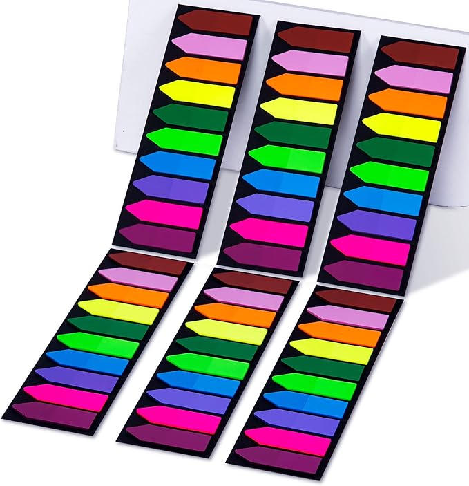 Golcellia 1200 Pieces Sticky Tabs Page Markers, Book Tabs Arrow Flags Colored Writable and Repositionable Book Markers, (10 Colors, 6 Sets) Book Annotation Tabs Supplies