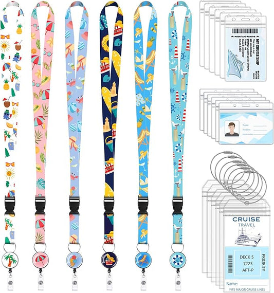 6 Pack Cruise Ship Lanyards, Cruise Lanyards for Ship Key Cards with Waterproof ID Holder Cruise Luggage Tags Retractable Badge Reel & Detachable Buckle for Cruise Essentials