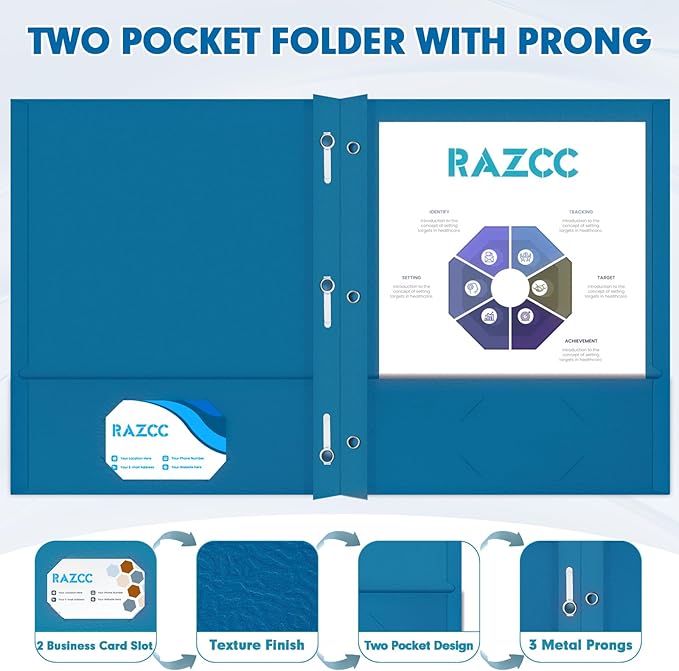Two Pocket Folders, RAZCC 75 Pack Two Pocket Folders with Prongs, 3 Prong Folders Fit Letter Size Paper, Pocket File Folders for School Office Home Business, Dark Blue