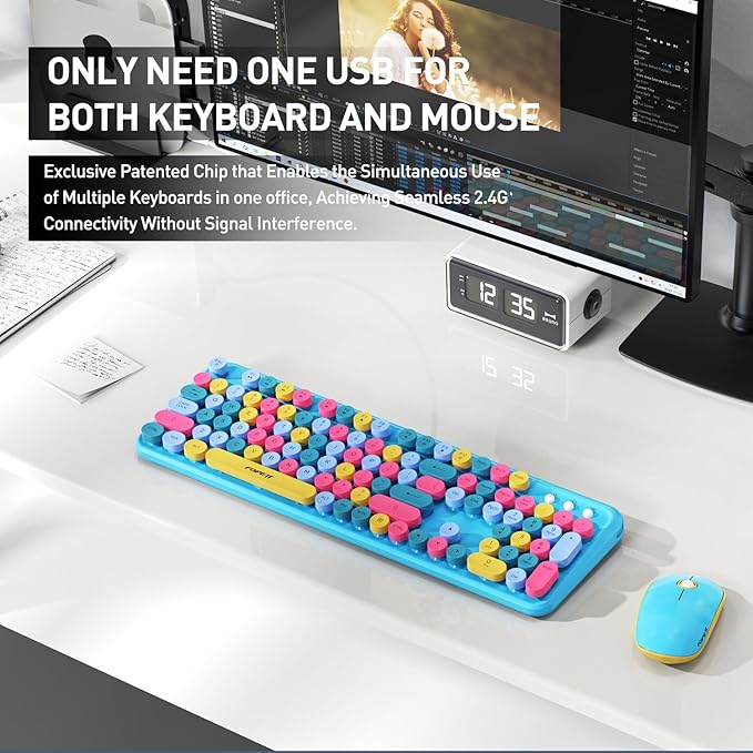 Keyboard and Mouse Wireless,Cute Retro Wireless Keyboard Mouse Combo with Round Key,2.4Ghz Dropout-Free Connection,Typewriter Wireless Keyboard Mouse Set for PC Laptop Desktop Computer-Blue Colorful