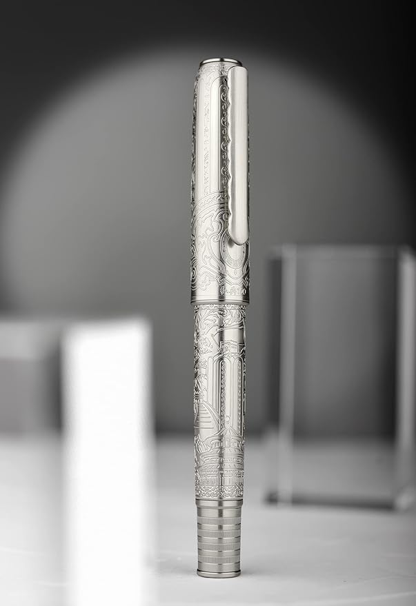 Hongdian 100 Piston Fountain Pen Silver Steel, Iridium Medium Nib Calligraphy Pen, Smooth Writing Pen with Pen Case Set