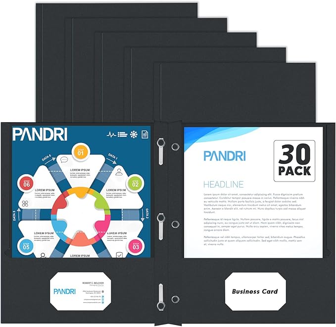 Two Pocket Folders, PANDRI 30 Pack Two Pocket Folders with Prongs, 3 Prong Folders Designed for Office and Classroom, Letter Size Black