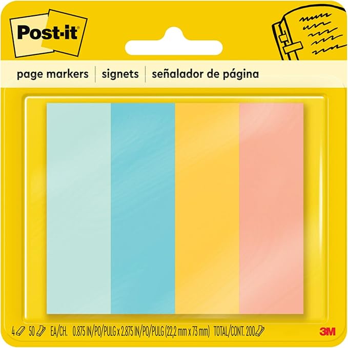 Post-it Page Markers, Assorted Colors, 1 in x 3 in, 50 Sheets/Pad, 4 Pads/Pack (671-4AF)
