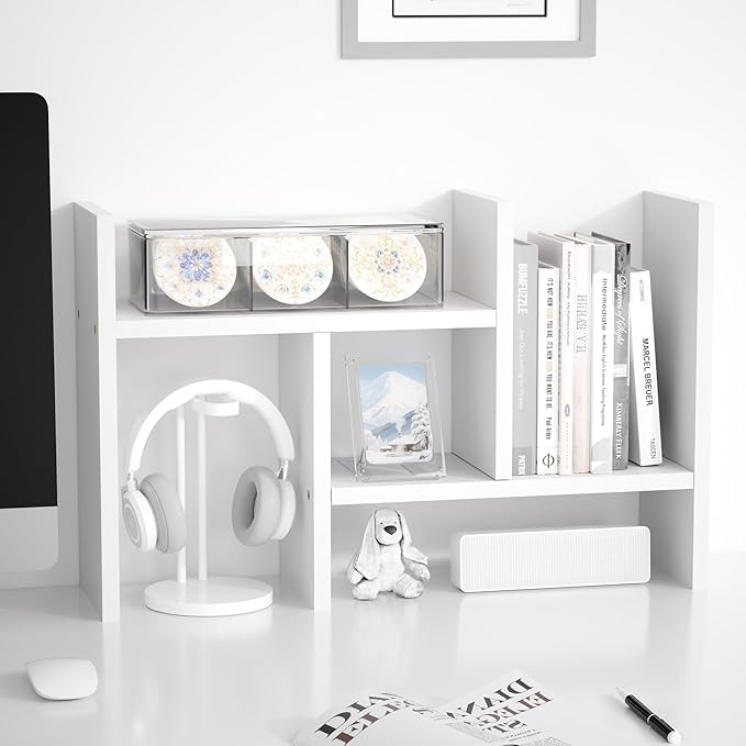 Jerry & Maggie Desktop Organizer Office Storage Rack Adjustable Wood Display Shelf Free Style Double H, Multi-Functional Mini Bookshelf for Desk Natural Stand (White)