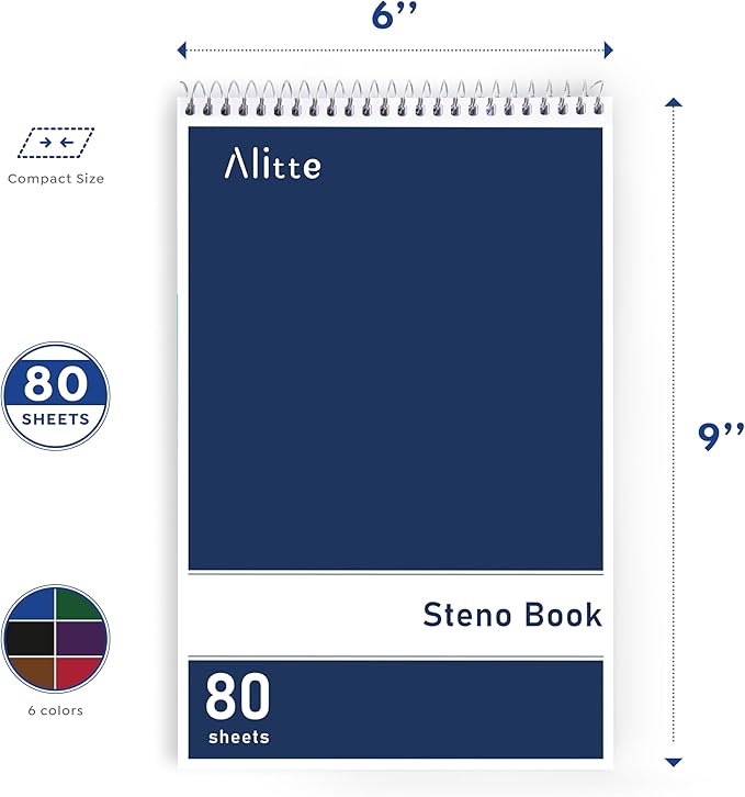 Steno Pads Spiral 6x9-12 Pack Assorted Bright Colors - Perfect for Work, School, and Home Use, Easy Tear-Off Pages, Gregg ruled, White Paper - No Ink Bleeds - 80 Sheets