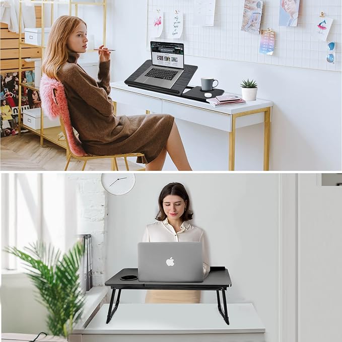 Laptop Desk for Bed Couch, Portable Lap Desk/ Stand for Laptop, Small Adjustable Foldable Bed Table for Laptop and Writing, Bed Tray Table with Cup Holder(Black)