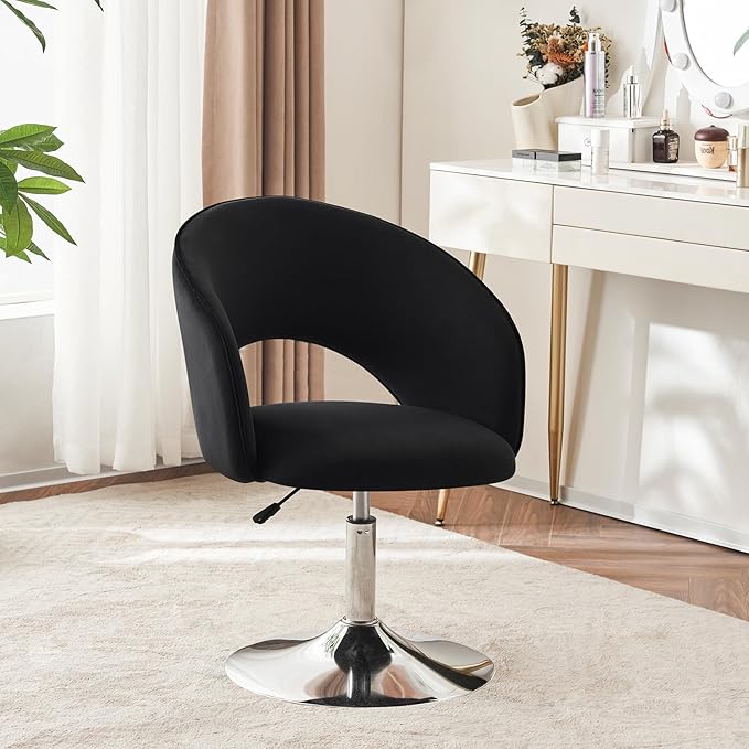 Furnimart Adjustable Black Vanity Chair with Back, Velvet Makeup Chair Swivel Accent Chair with Chrome Frame Hollow Backrest, Side Chair for Living Room, Makeup Room, Bedroom (Black)