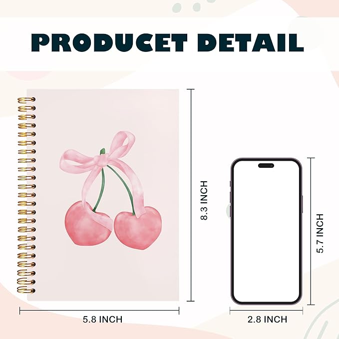BearCake Preppy Pink Aesthetic Notebook,Cute notebooks for Women,Pink Cherry Dog Notebook gift,Pink Desk Accessories for Women, Hardcover Spiral Notebook 5.5x8.3