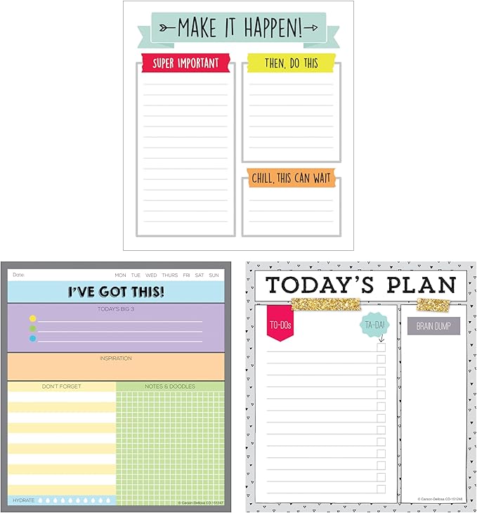 Carson Dellosa Notepad 3-Pack Set, Note Pads for To Do List, Sketch Pad, Grocery List, Checklist, and Classroom Organization Stationary, Desk Accessories and Office Supplies