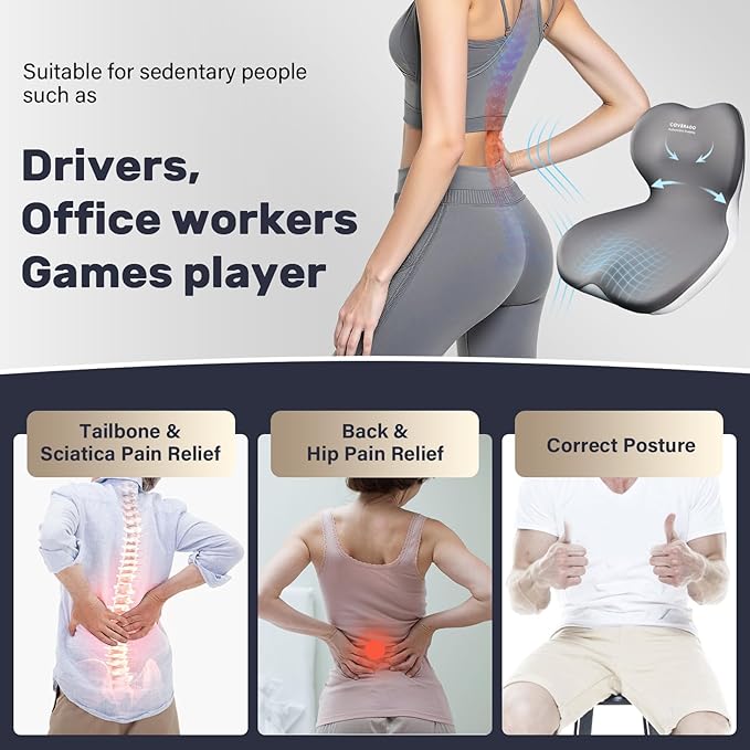 Coverado Seat Cushion and Lumbar Support Pillow One Piece for Car Office Chair, Ergonomic Memory Foam Desk Chair Cushion Back Support Pillow, Sciatica & Back & Tailbone Pain Relief Cushion-Gray