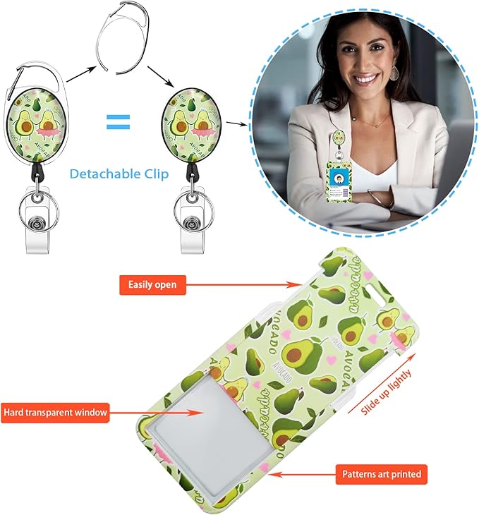 Cute Avocado Badge Reels Retractable with Carabiner Reel Clip, ID Badge Holder Case with Detachable Lanyard Keychain, Nurse Doctor Office School Teacher Name Credit Card Pocket