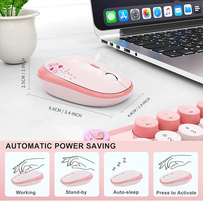 Wireless Keyboard and Mouse Combo, 104 Round Keys Full-Size Cute Colorful Pink Cordless Keyboard and Mouse with Retro Typewriter for PC/Mac/Laptop/Tablet/Computer/Windows Pink
