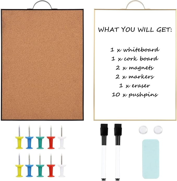Small Whiteboard Cork-Board Combination for Wall - 24" x 16" Portable Aluminum Frame Magnetic Dry Erse Board with Holder, 1 Pack Mini Bulletin Cork Board & 1 Pack Whiteboard for School, Office, Home
