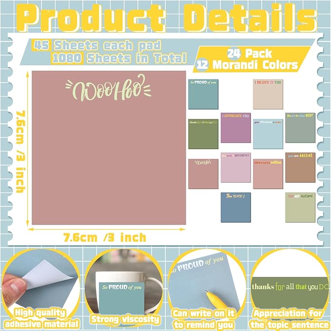 Yinder 24 Pcs Inspirational Sticky Notes with Lines Cute Motivational Sticky Notes Pad Employee Appreciation Gifts Bulk for Teacher Nurse Coworkers Office Supplies 3 x 3''(Morandi Color,Thank You)