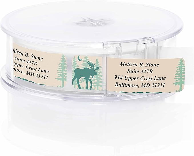 Brushed Moose Designer Rolled Address Labels with Elegant Plastic Dispenser