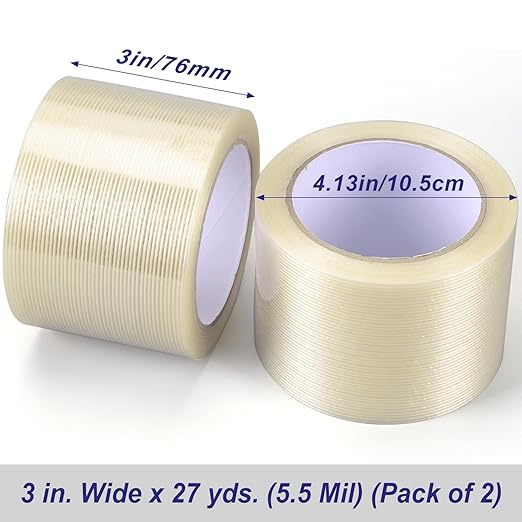 Strapping Tape 3 inch, Heavy Duty Shipping Packing Tape, Clear Filaments Run Lengthwise, Waterproof, Fiberglass Reinforced Packing Tape
