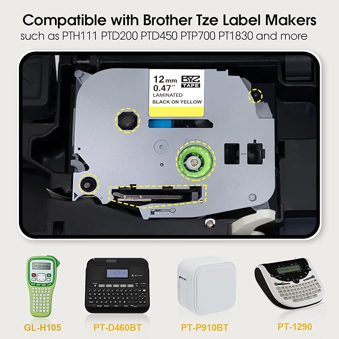 BOYEEZON 4Pack TZ Yellow Tape 12mm 0.47 Compatible for Brother PTouch TZe-631 TZE631 Black on Yellow Label Tape Work for Brother PT-D210 PT-D600 PTD400 Label Maker, 1/2 in x 26.2 Ft