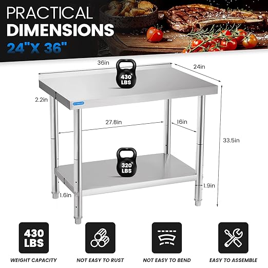 Stainless Steel Table for Prep & Work with Backsplash 24 x 36 Inches NSF Metal Commercial Kitchen Adjustable Under Shelf Worktable for Restaurant Home Outdoor