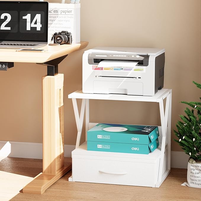 aboxoo Printer Stand for Desk with Storage Drawer, 2 Tier Desktop Or Under Desk Shelf, Multi-Purpose Desk Organizer for Home Office, fit Fax Machine/3D Printer/Scanner, White