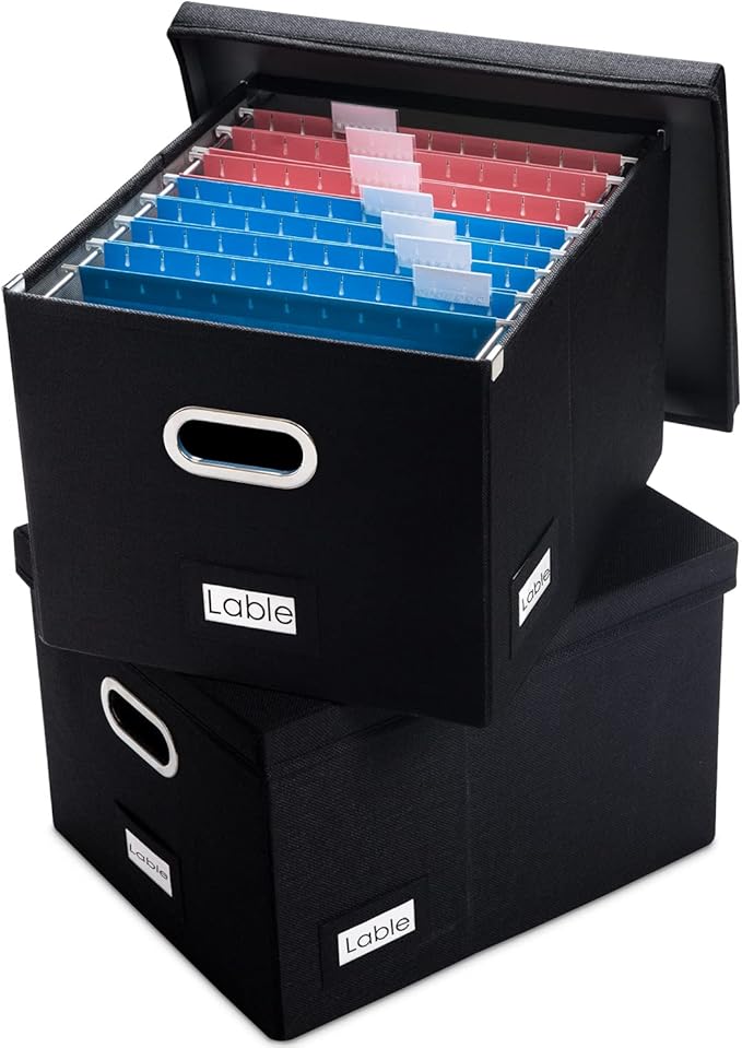 PRANDOM File Organizer Box - Set of 2 Collapsible Decorative Linen Filing Storage Hanging File Folders with Lids Office Cabinet Letter/Legal Size Black (17x14x11.2 inch)