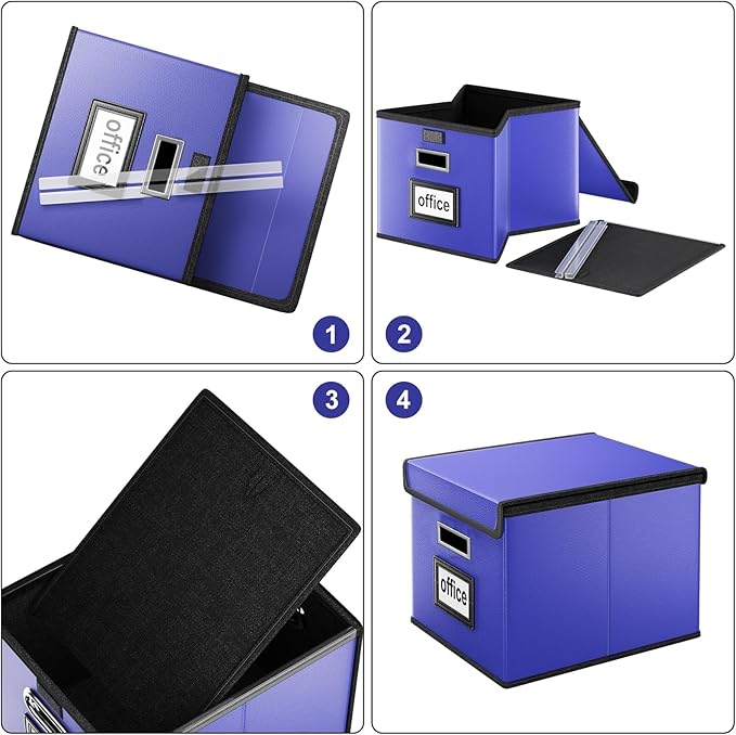 Huolewa File Organizer Box with Lid, Collapsible Leather File Folder Organizer for Office Document Storage, Filing Box with Plastic Slide for Letter/Legal Size Hanging Files,Navy Blue