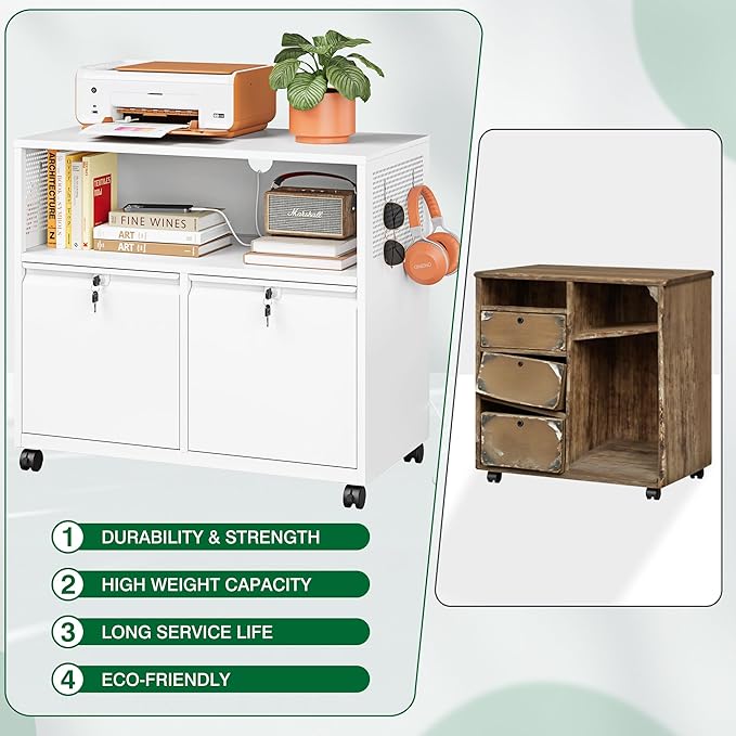 Metal File Cabinet,2 Drawer Lateral Filing Cabinet with Lock,Rolling Printer Stand Storage Cabinets with Shelves for Home Office Letter/Legal/A4 Size Files(White)