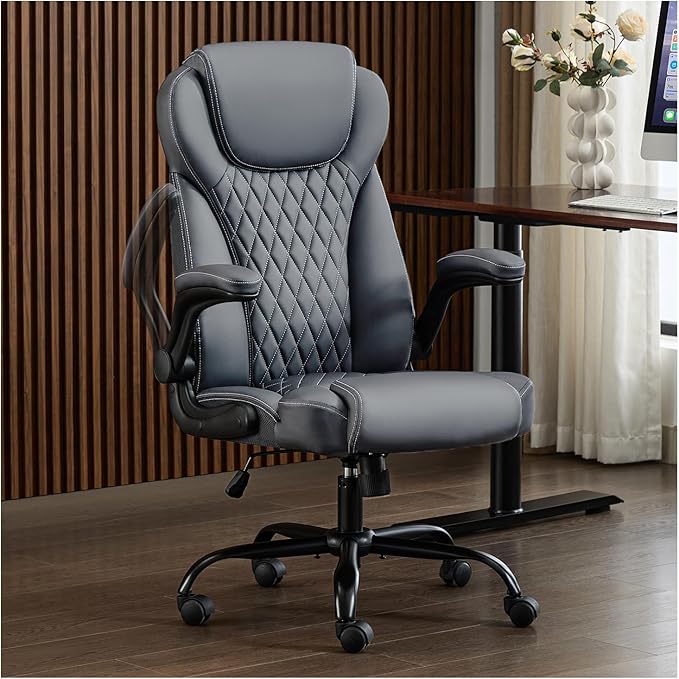 Office Chair, Executive Leather Chair Home Office Desk Chairs, Ergonomic Computer Desk Chair with Adjustable Flip-Up Arms, Lumbar Support Swivel Task Chair with Rocking Function (Gray)