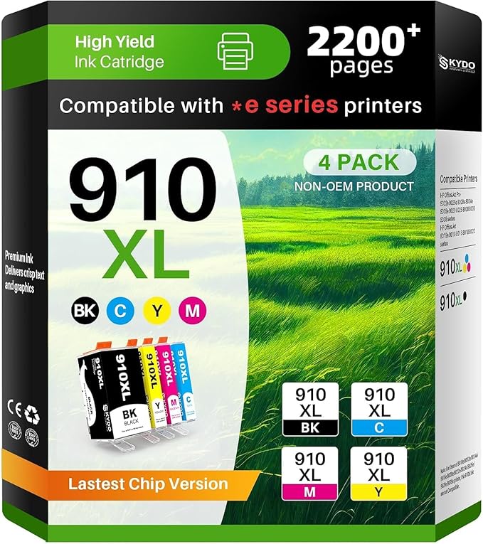 910XL Ink for 910XL Ink Cartridges Combo Pack Replacement Work with OfficeJet 8015e 8022e 8010 8022 OfficeJet Pro 8025e 8028e 8035e 8020 8025 8028 8030 8035 Printers 4 Pack (Black Cyan Magenta Yellow)