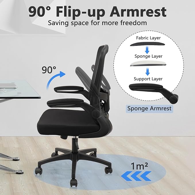 Office Desk Chairs with Wheels, Ergonomic Mesh Chair with Adjustable Height Lumbar Support, Rolling Swivel Computer Task Chair with Flip Up Armrests for Home, Study, Conference, Black (2PK)