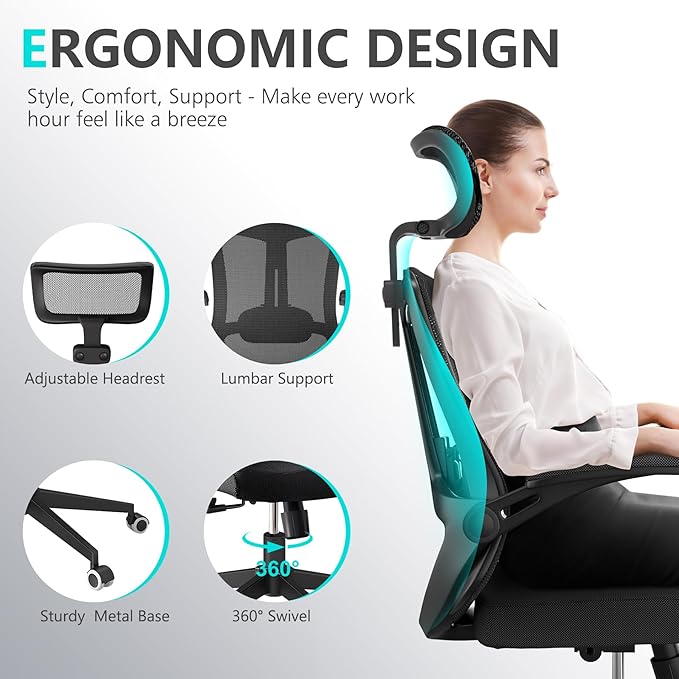 Comfy Office Chair, Home Ergonomic Desk Chairs, High Back Gaming Mesh Computer Chair with Wheels, Lumbar Support, Adjustable Headrest, Flip-up Armrest 350LBS Capacity