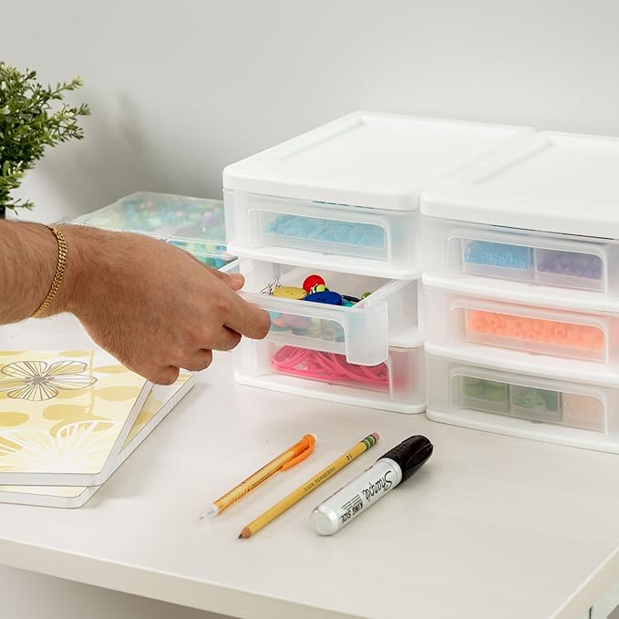 IRIS USA Plastic Stacking Desk Top 3-Drawer Storage Organizer, 2-Pack, for Makep Vanity Nail Polish Bathroom Stationery Art Craft Supplies Kitchen Office Garage and Small Organization, Small, White