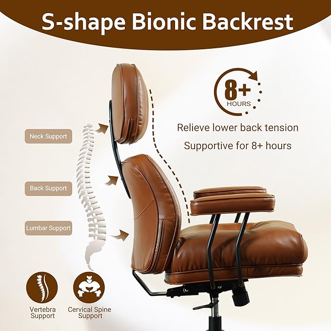Faux Leather Executive Office Chair - Big and Tall Ergonomic Home Office Chair,Reclining Computer Desk Chair with Lumbar Support,Adjustable Task Chair Swivel Rolling PC Chair with Wheels,Browm,PU