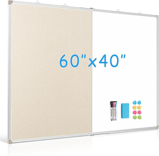 DOLLAR BOSS Foldable Linen Cork Board White Board Combo 60 x 40 in Extra Large Magnetic Whiteboard Dry Erase Bulletin Board Portable Double Sided Aluminum Frame Pin Board for School Office, White