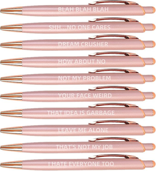 10 Pack Funny Sarcastic Ballpoint Pens, Office Snarky Metal Luxury Rose Gold Ballpoint Pen Encouraging, Office Gift, Black Ink