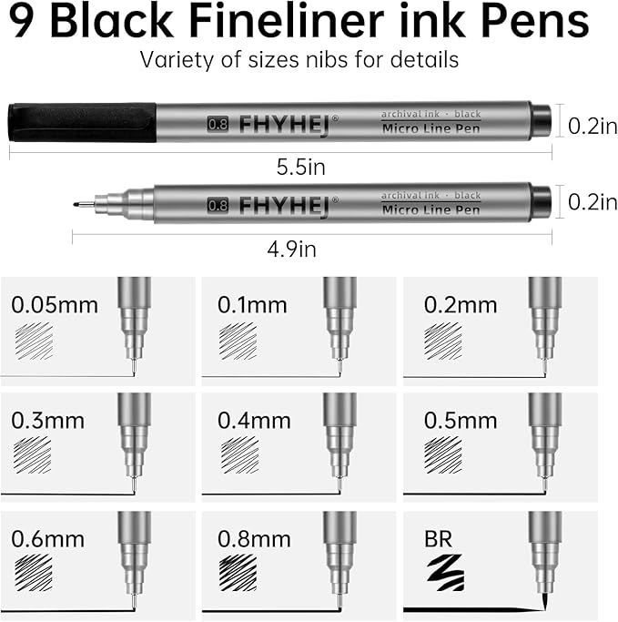 Micro Fineliner Drawing Art Pens: 9 Black Fine Line Ink Set Artist Supplies Archival Inking Markers Liner Professional Sketch Outline Anime Sketching Artist Illustration Watercolor