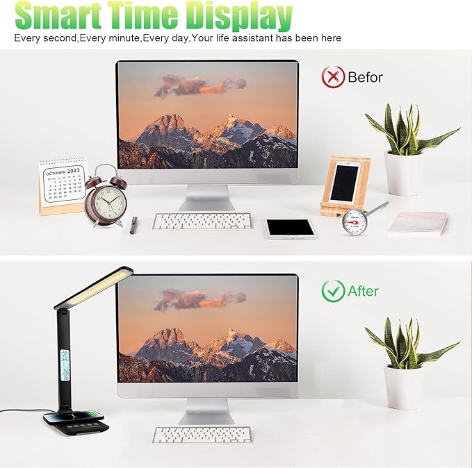 Desk Lamp with Wireless Charger, USB Charging Port, Dimmable Office Desk Light with Clock, Alarm, Date, Temperature, Foldable Lamp for Table Bedroom Bedside Office (Black Pro)