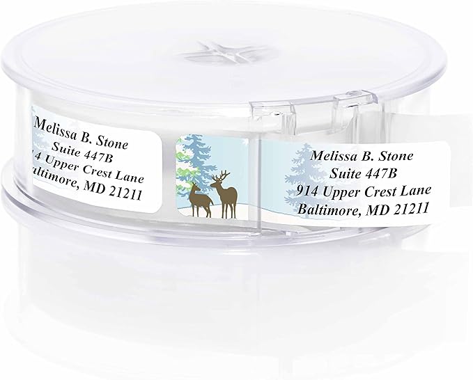 Festive Deer Designer Rolled Address Labels with Elegant Plastic Dispenser
