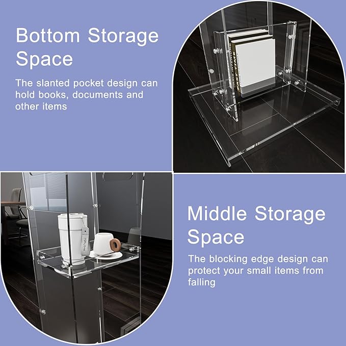 Acrylic Podium Stand with Storage Shelf,Transparent Lecterns & Podiums,Pulpits for Churches,Conference,Speeches,Weddings,Classroom,Concert,47" H Professional Presentation Podiums