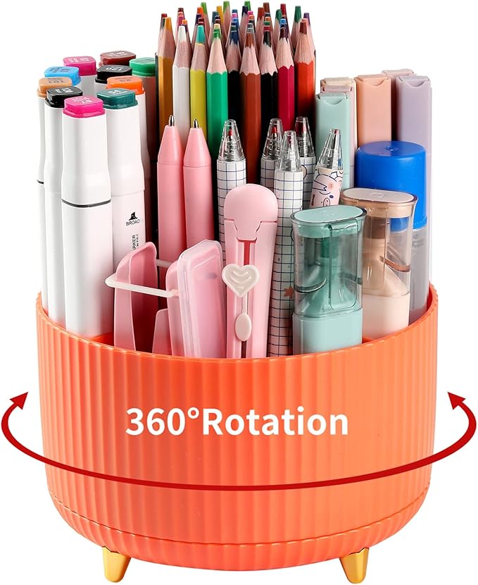 Desk Pen Holder, 5 Slot 360 Rotating Pen Organizer for Desk, Desktop Storage Stationery Supplies Organizer, Cute Pencil Cup Pot for Office, School, Home, Art Supply, Orange