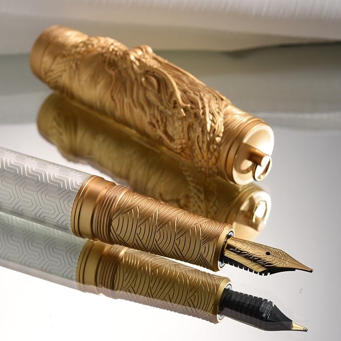 Hongdian A24 Fountain Pen Fine Nib, Snow White & Golden Dragon Stereoscopic Carving Cap Design
