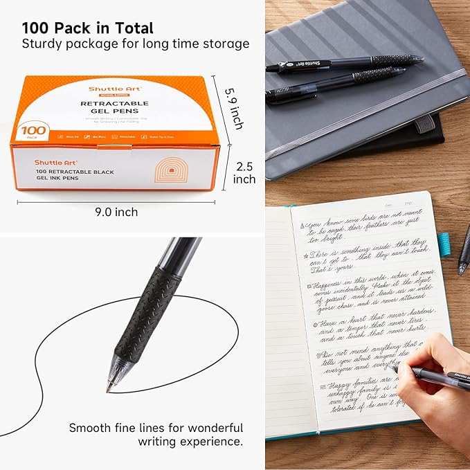 Shuttle Art Black Gel Pens, 100 Pack Retractable Medium Point Rollerball Gel Ink Pens Smooth Writing with Comfortable Grip for Office School Home Work