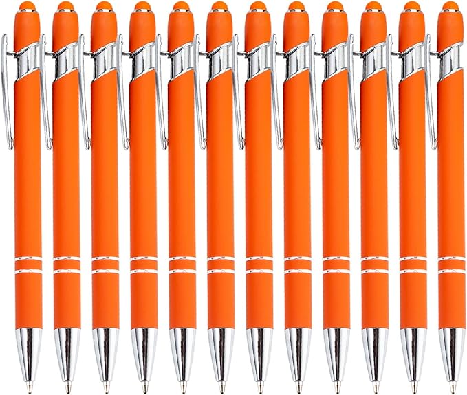 Pasisibick 12-Pack Orange Ballpoint Pens with Stylus Tip - 2 in 1 Metal Stylus, 1.0 mm Medium Point, Smooth Pen for Touch Screen Tablet