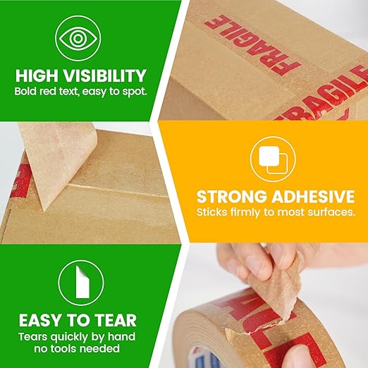ADHES Fragile Tape, Biodegradable Kraft Paper Tape - 2in x 55yds, 6 Rolls, Strong Adhesive, Eco-Friendly Paper Packing Tape for Shipping & Moving, Heavy Duty Protection for Fragile Items