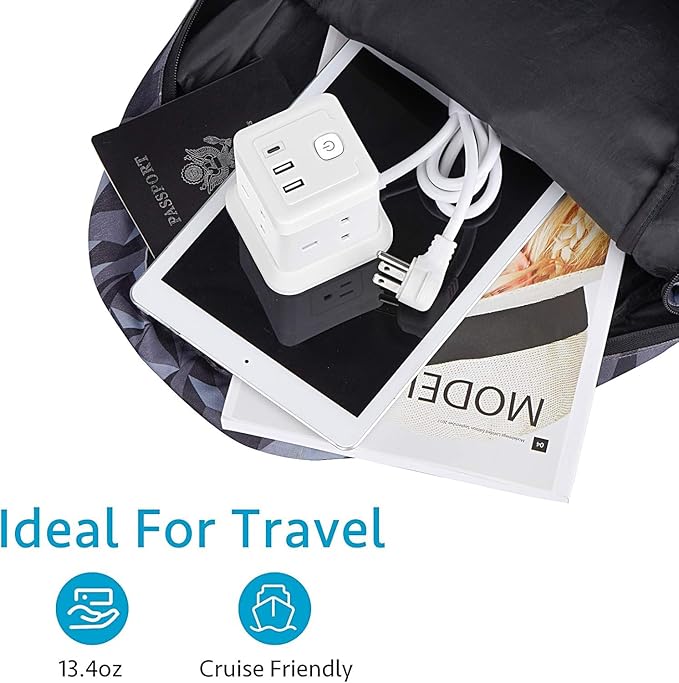 BEVA Power Strip with USB - 5ft Long Extension Cord with 4 Widely Spaced Outlets and 3 USB Ports Cube Desktop Charging Station, Overload Protection, Compact for Travel, Cruise Ship and Dorm